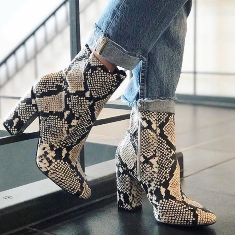 Ankle High Chunky Heel Textured Snake Print Bootie